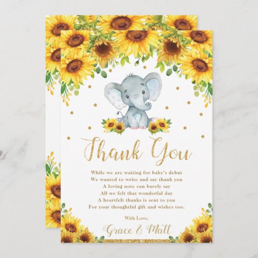 かわいい象のひまわりの男の子のベビーシャワー サンキューカード (正面/裏面)