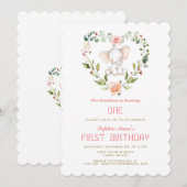 かわいい象のほっぺたの花のハートの女の子の1歳の誕生日 招待状 (正面/裏面)