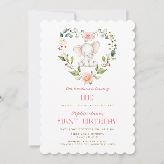 かわいい象のほっぺたの花のハートの女の子の1歳の誕生日 招待状 (正面)