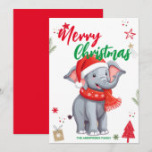 かわいい象のクリスマスツリー ホリデー 家族の名前 シーズンカード (正面/裏面)