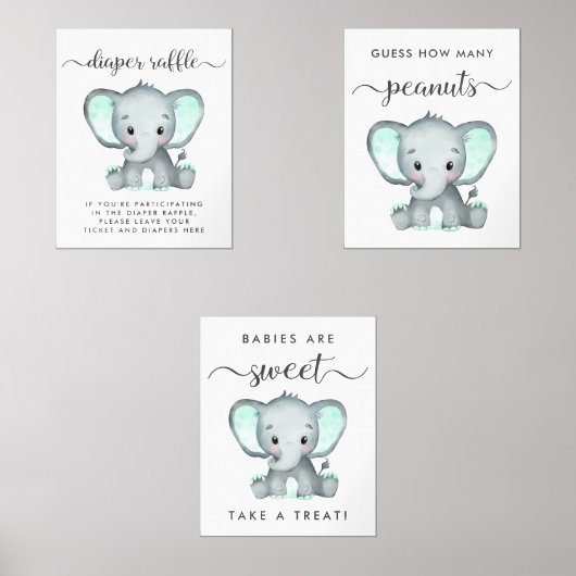 かわいい象のゲームは赤ちゃんシャワーポスターセットを好む (正面)