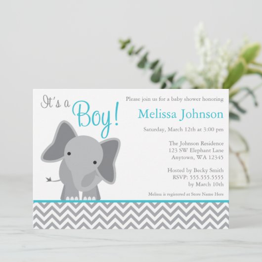 かわいい象のシェブロンのティール（緑がかった色）のベビーシャワーの招待状 招待状 (スタンド正面)