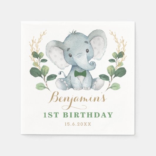 かわいい象のジャングル緑1歳の誕生日 スタンダードカクテルナプキン (正面)