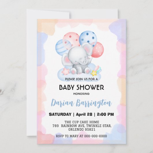かわいい象のスターバルーンベビーシャワーパーティー少年 招待状 (正面)