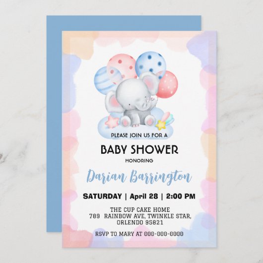 かわいい象のスターバルーンベビーシャワーパーティー少年 招待状 (正面/裏面)