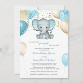 かわいい象のターキオース金ゴールドバルーン赤ちゃんシャワー 招待状 (正面)