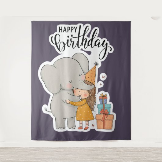 かわいい象のハグ誕生日ステッカー タペストリー (正面)