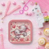 かわいい象のハグ、ハートとバラ ペーパープレート (パーティー)