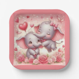 かわいい象のハグ、ハートとバラ ペーパープレート