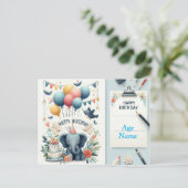 かわいい象のハッピーバースデーカード – 風船 ポストカード (スタンド正面)