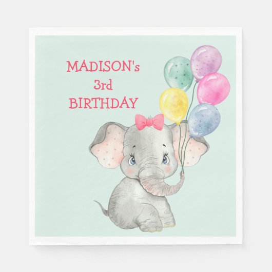 かわいい象のパーティーバルーン誕生日 スタンダードランチョンナプキン (正面)