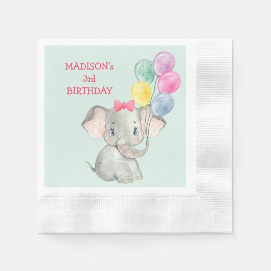 かわいい象のパーティーバルーン誕生日 縁ありカクテルナプキン (正面)