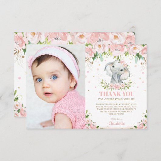 かわいい象のピンクのフローラガール1歳の誕生日 サンキューカード (正面/裏面)