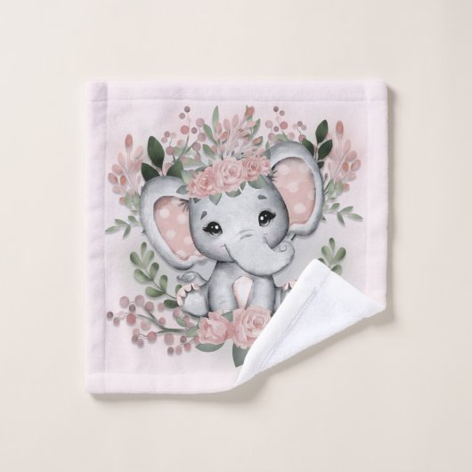 かわいい象のピンクの花と緑の葉のバスアイテム ウォッシュタオル (ウォッシュタオル)