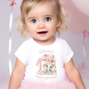 かわいい象のファーストバースデー 秋の女の子 ベビーTシャツ