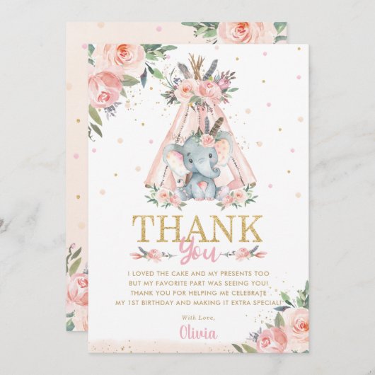 かわいい象のフローラボホの部族誕生パーティー  サンキューカード (正面/裏面)