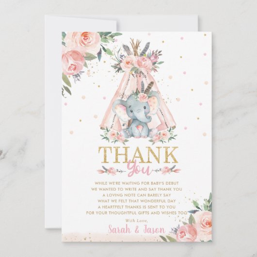 かわいい象のフローラボホ部族少女ベビーシャワー  サンキューカード (正面)
