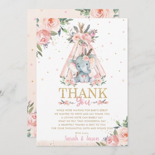 かわいい象のフローラボホ部族少女ベビーシャワー  サンキューカード (正面/裏面)