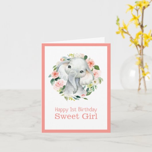 かわいい象のフローラ女の子のための最初の誕生日 カード (黄色い花)