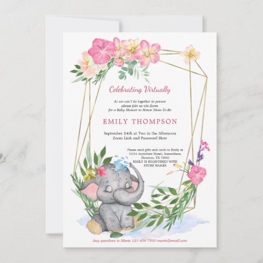 かわいい象のフローラ幾何学仮想ベビーシャワー 招待状 (正面)