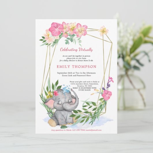 かわいい象のフローラ幾何学仮想ベビーシャワー 招待状 (スタンド正面)