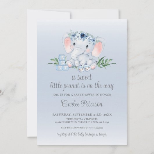 かわいい象のフローラ男の赤ちゃんベビーシャワー 招待状 (正面)