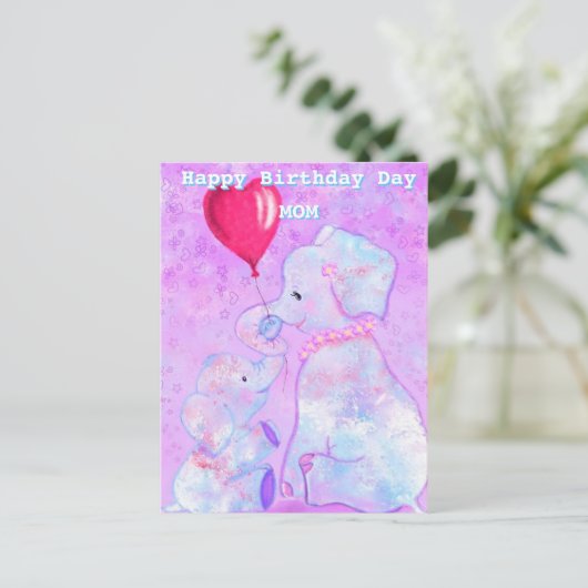 かわいい象のベビーと母の誕生日カード ポストカード (スタンド正面)