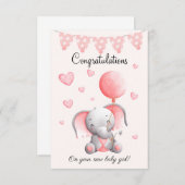 かわいい象のベビーガールおめでとうカード (正面/裏面)