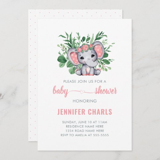 かわいい象のベビーガールグリーンリーホワイト 招待状 (正面/裏面)