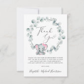 かわいい象のベビーガールシャワー サンキューカード (正面)