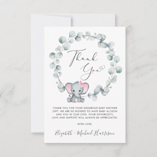 かわいい象のベビーガールシャワー サンキューカード (正面)