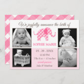 かわいい象のベビーガール写真誕生のお知らせ 案内状 (正面/裏面)