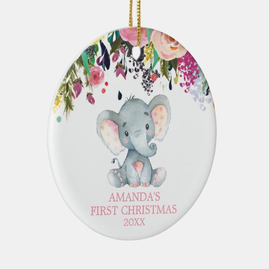 かわいい象のベビーガール初めてのクリスマスピンク セラミックオーナメント (右)