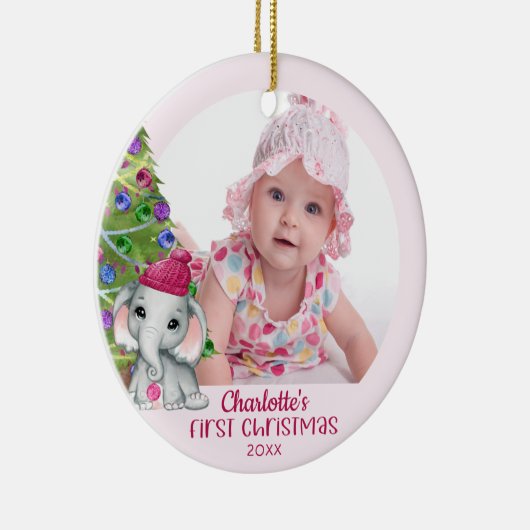 かわいい象のベビーガール初めてのクリスマスフォトピンク セラミックオーナメント (右)