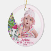 かわいい象のベビーガール初めてのクリスマスフォトピンク セラミックオーナメント (左)