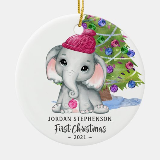 かわいい象のベビーガール初めてのクリスマス写真セラ セラミックオーナメント (正面)