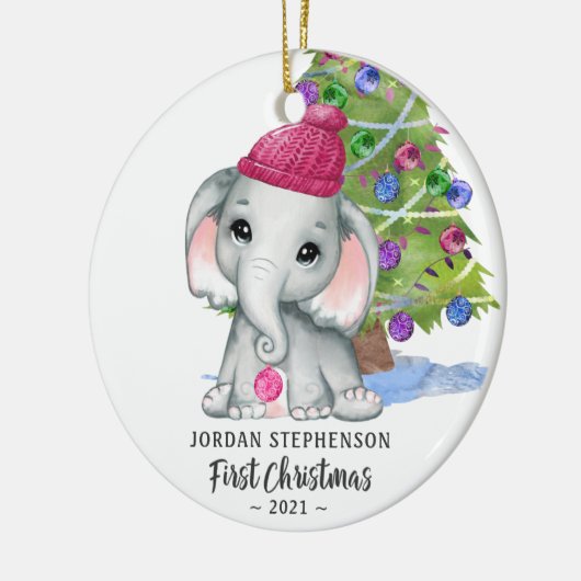 かわいい象のベビーガール初めてのクリスマス写真セラ セラミックオーナメント (左)