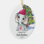 かわいい象のベビーガール初めてのクリスマス写真 セラミックオーナメント (右)