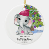 かわいい象のベビーガール初めてのクリスマス写真 セラミックオーナメント (正面)