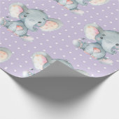 かわいい象のベビーガール紫とグレー ラッピングペーパー (角)