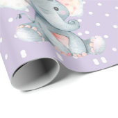 かわいい象のベビーガール紫とグレー ラッピングペーパー (ロールコーナー)