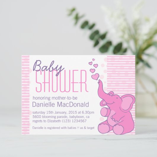 かわいい象のベビーシャかわいらしワーピンクの招待 招待状 (スタンド正面)