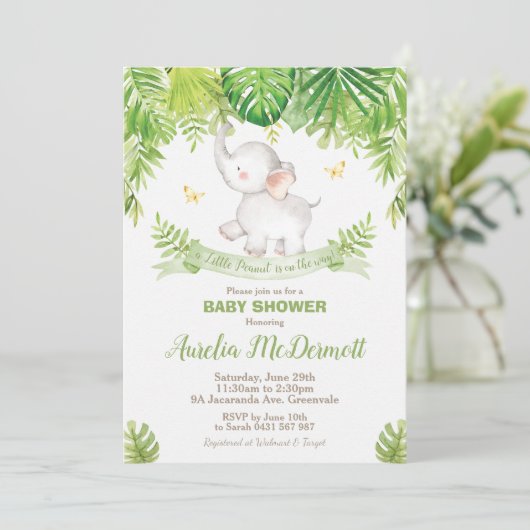 かわいい象のベビーシャワーのジャングル動物の男の子 招待状 (スタンド正面)