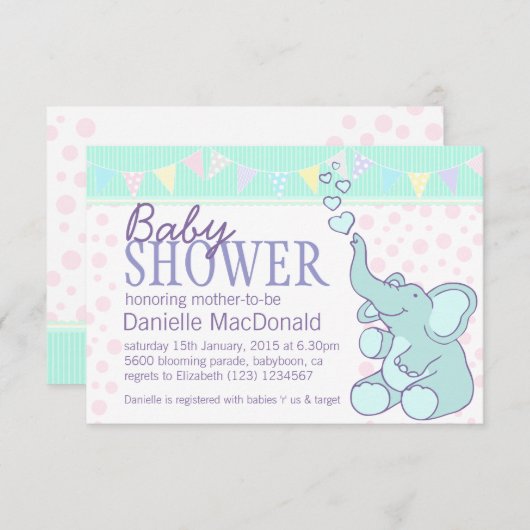 かわいい象のベビーシャワーのバンティング招待状 招待状 (正面/裏面)