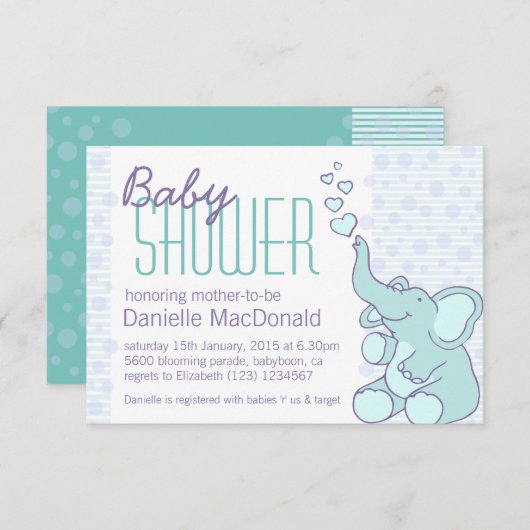 かわいい象のベビーシャワーの水の青の招待 招待状 (正面/裏面)