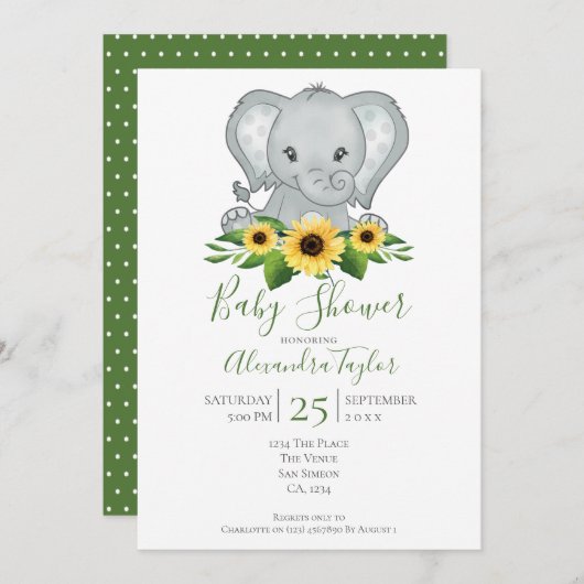 かわいい象のベビーシャワー パーソナライズ 招待状 (正面/裏面)