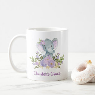かわいい象のラベンダーの水彩画の花柄のシャクヤク コーヒーマグカップ