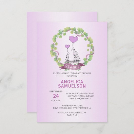 かわいい象のリースの紫色のラベンダーのベビーシャワー 招待状 (正面/裏面)
