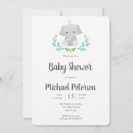 かわいい象の中性の赤ちゃんシャワー招待 招待状 (正面)