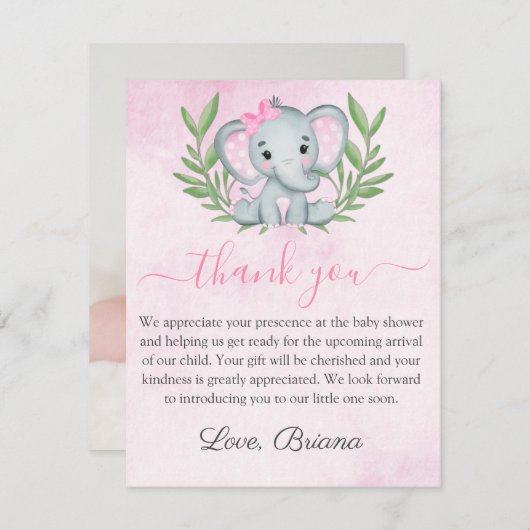 かわいい象の写真トロピカルガールベビーシャワーInvi 招待状 (正面/裏面)
